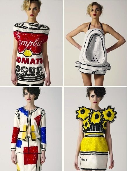 four pictures of different dresses made to look like they have soda cans on them