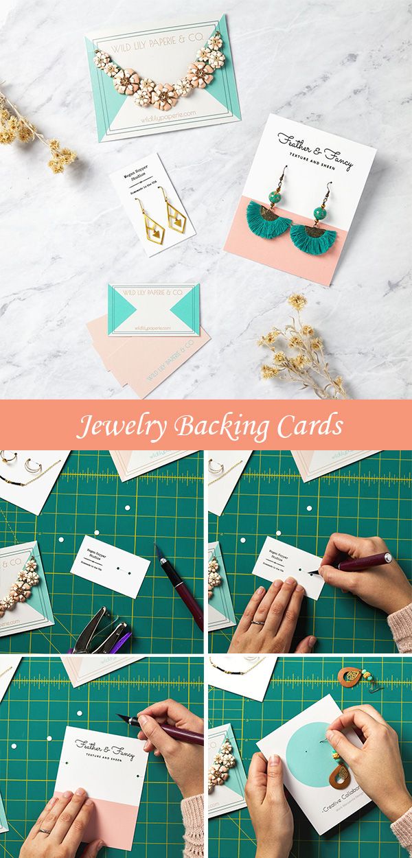 the instructions to make jewelry packaging cards with scissors and glue on them, including paper