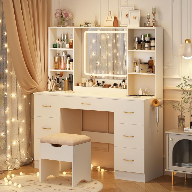 a white vanity with lights on it and a stool in front of the counter top