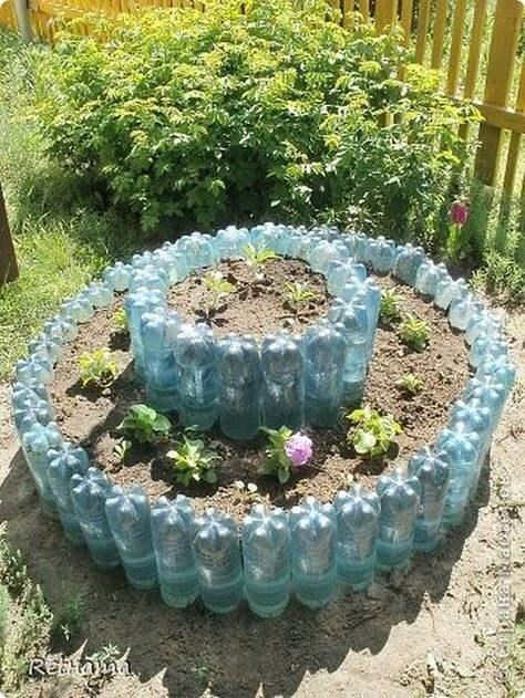 several plastic bottles are arranged in the shape of a flowerbed with plants growing out of them