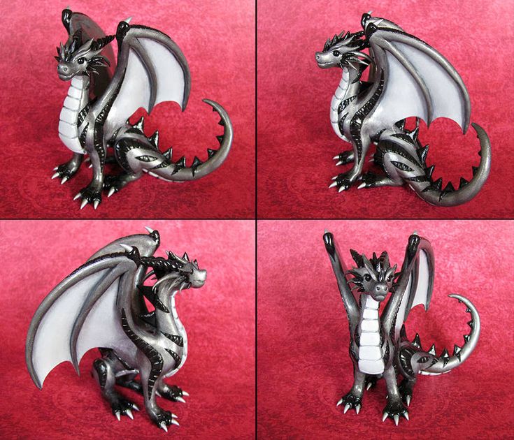 four pictures of a dragon figurine on a red background