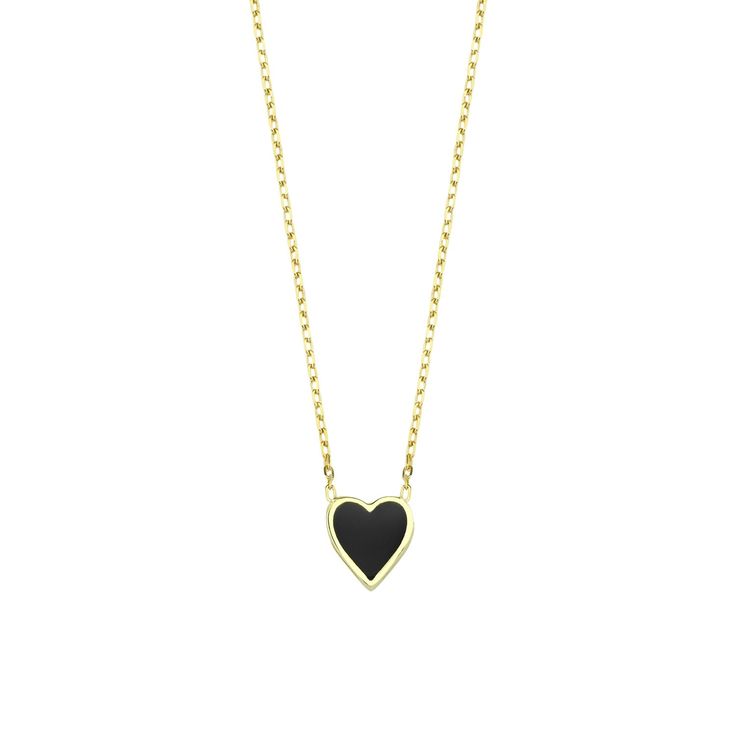 A bold splash of deep black contained within soft curves and a sharp point, this classic charm necklace is equal parts sweet and sass–just like you. Wear with our Bae Got Bling Ring in Onyx Dip and Happy Heart Necklace in Onyx for a complete look or mix and match to give your ensemble some extra love. 14k gold plated sterling silver 16-18" Adjustable in length Black Necklace With Adjustable Chain For Valentine's Day, Classic Black Enamel Necklaces For Gifts, Black Heart Pendant Jewelry For Formal Occasions, Black Heart Pendant Necklace With Adjustable Chain, Chic Black Heart-shaped Jewelry, Minimalist Black Enamel Necklaces, Minimalist Black Enamel Necklace, Elegant Black Necklace With Heart Charm, Elegant Black Heart Necklace With Adjustable Chain