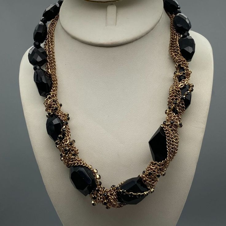 "Fabulous Multi Strand Twist Necklace, Whimsigoth Vintage Messy Mix of Black Beads Gold Chains and Channel Crystals, Statement Runway Couture Measurement * 18\" with 2\" extender unsigned Condition * Excellent condition. Gently used." Mid Century Glam, Twist Necklace, Tall Women, Sell Items, Multi Strand, Black Beads, Gold Chains, Necklace Lengths, Gold Tones