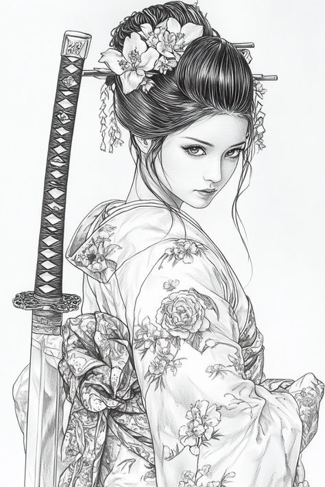 Japanese Warrior Drawing, Japanese Tattoo Art Geisha, Female Warrior Tattoo Strength, Samurai Girl Tattoo, Japanese Sketch Art, Geisha Sketch, Female Samurai Tattoo, Japanese Geisha Drawing, Tattoo Sketch Art