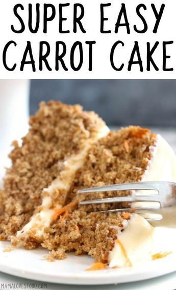 a slice of carrot cake on a white plate with a fork and the rest of the cake in the background