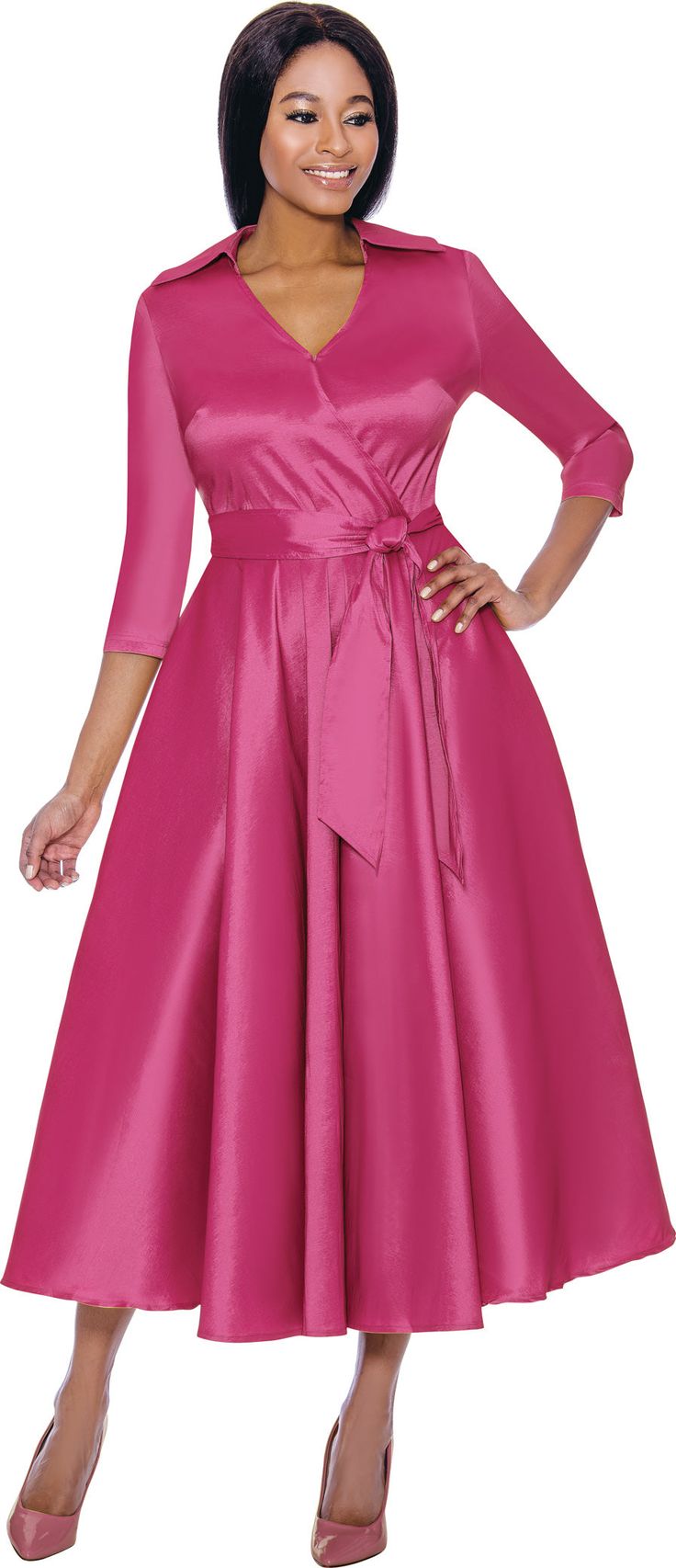 Terramina 7869 fuchsia dress Church Suits, Denim Maxi Dress, Church Dresses, Sash Belts, Sash Belt, Bell Sleeve Dress, Fall Dresses, Orange Pink, African Print