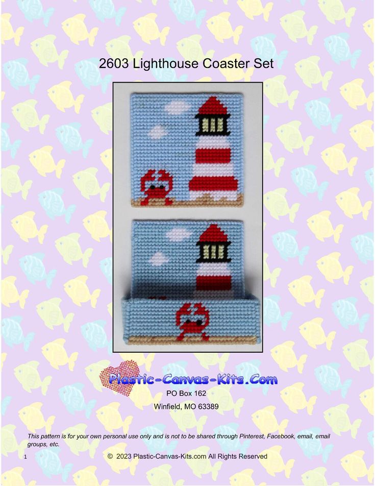 the cross stitch pattern for this lighthouse set is shown in red and white, with a blue