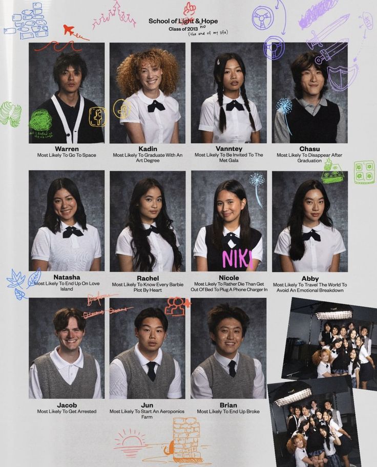 a group of young people in school uniforms posing for a photo with their name written on them