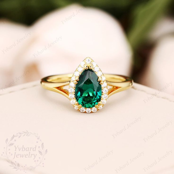 Pear Cut Lab Created Emerald Engagement Ring 14K Yellow Gold - Etsy Australia Deco Wedding Ring, Art Deco Wedding Ring, Moissanite Halo Ring, Split Shank Ring, Art Deco Wedding Rings, Jewelry Details, Black Quartz, Lab Created Emerald, Ring Moissanite