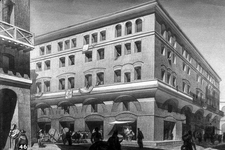 an old drawing of people walking in front of a building