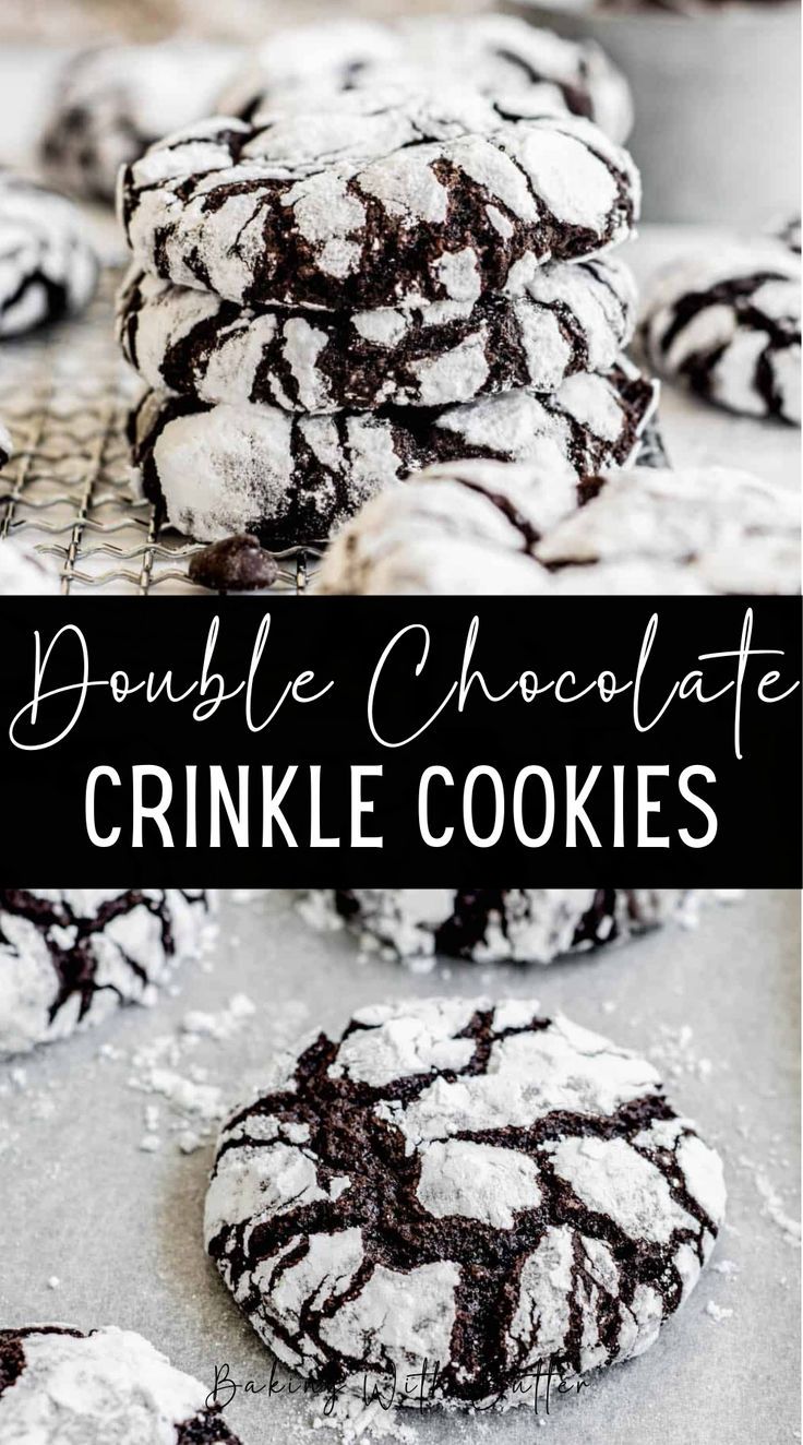 double chocolate crinkle cookies on a cooling rack with powdered sugar in the middle