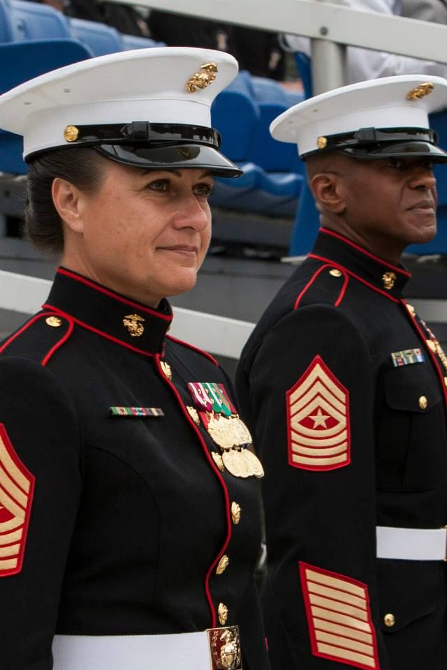 New female Marine covers & coats in testing at 8th & I!    Sgt. Maj. Eric J. Stockton, former Marine Barracks Washington, D.C. sergeant major, right, and Sgt. Maj. Angela M. Maness, the Barracks sergeant major, left, stand side-by-side during a relief and appointment ceremony at the Barracks June 27. Maness assumed her post after relieving Stockton. Stockton retired during the ceremony after more than 30 years of service. (Official Marine Corps photo by Sgt. Dengrier M. Baez/Released) The Few The Proud, Once A Marine, Female Marines, Female Soldier, Us Marine Corps, United States Marine, Us Soldiers, Us Marines, Military Personnel