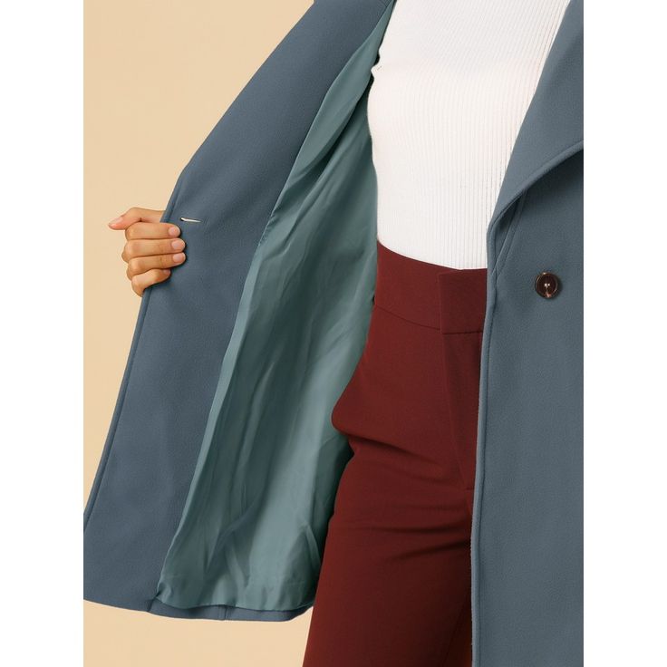 This coat turns casual outerwear into a fashion-forward statement. Step out in style on even the dreariest days with the one-button belted long coat. Those neutral colors on this belted coat with wide lapels maintain a grounded, mature style that will never go out of fashion. Paired well with a crossbody for a day out. Team it with pumps and a bold red lip for an evening look. Trendy Blue Single Breasted Outerwear, Blue Winter Outerwear With Double Button Closure, Winter Blue Outerwear With Double Button Closure, Blue Double-breasted Pea Coat With Pockets, Blue Double Button Winter Pea Coat, Blue Outerwear For Fall, Blue Double-breasted Outerwear With Hidden Buttons, Blue Solid Color Outerwear For Fall, Blue Solid Color Fall Outerwear