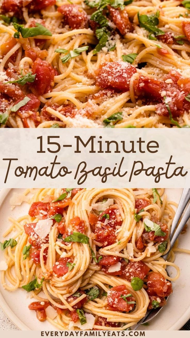 pasta with tomato sauce and parmesan cheese is shown in two different pictures, one has