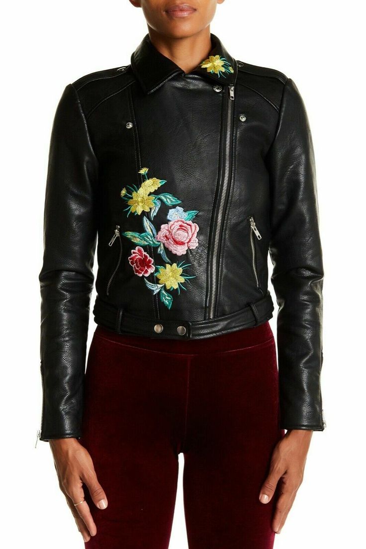 Find $240 Romeo & Juliet Couture Floral Embroidered Moto Jacket Black Size Small on eBay in the category Clothing, Shoes & Accessories>Women>Women's Clothing>Coats, Jackets & Vests. Trendy Fall Outerwear With Embroidered Graphics, Embroidered Leather Jacket For Fall, Black Outerwear With Embroidered Graphics For Spring, Spring Moto Style Fitted Leather Jacket, Fitted Long Sleeve Embellished Leather Jacket, Fitted Embellished Leather Jacket With Long Sleeves, Embellished Fitted Leather Jacket With Long Sleeves, Floral Embroidered Long Sleeve Leather Jacket For Winter, Long Sleeve Leather Jacket With Floral Embroidery For Winter