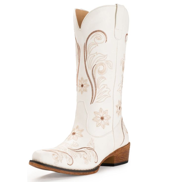 PRICES MAY VARY. Classic western embroidery cowboy boot design shows an elegant style Soft synthetic lining offers a comfortable next-to-skin feel and cushioning Just slip on with pull tab, then slip off for quick wearing Can be paired with jeans or dresses for a western flair to any outfit Please select the size according to the size chart provided Cowboy Boots For Women, Pointy Toe Boots, Boots Cowgirl, Western Wear Outfits, Womens Mid Calf Boots, Boots For Women, Designer Boots, Mid Calf Boots, Classic Leather