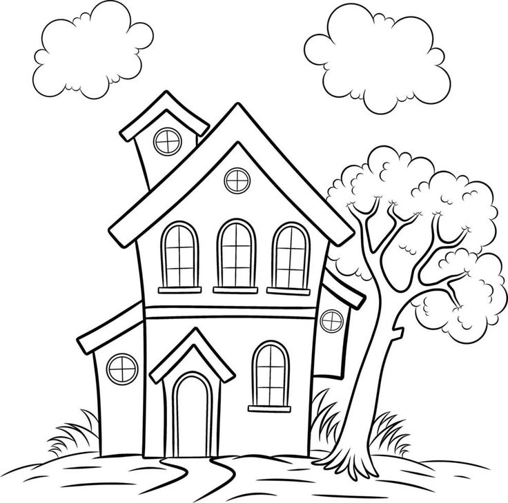 a house with trees and clouds in the sky coloring pages for kids, printable