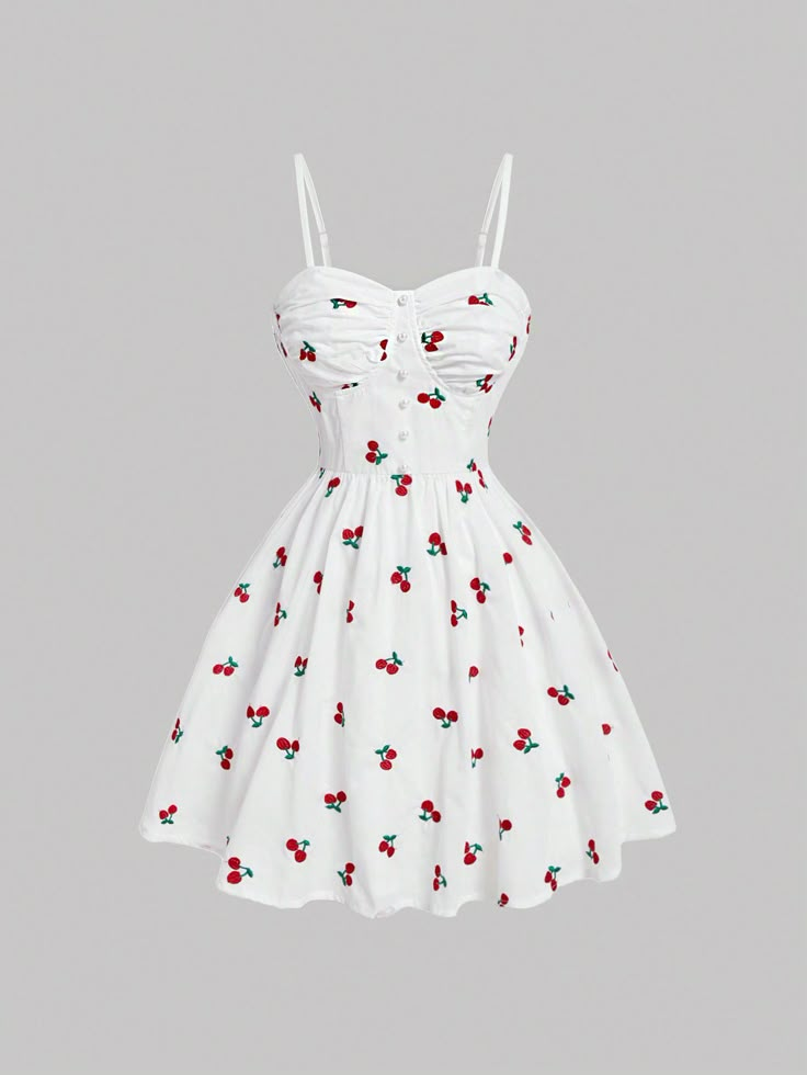 SHEIN MOD Cherry Embroidery Spaghetti Strap DressI discovered amazing products on SHEIN.com, come check them out! Cute Cherry Dress, Fashion Inspo Dresses, Cute Shein Clothes, White Cherry Dress, Sunny Clothes, Cherry Clothes, Embroidery Outfits, Cute Sundresses, Vestido Shein