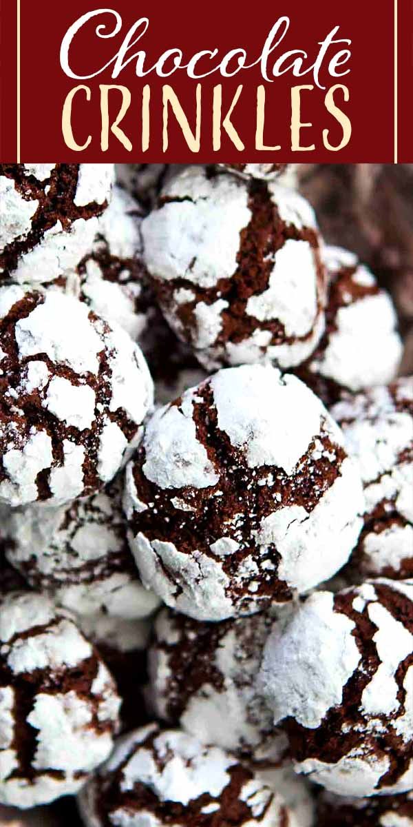 chocolate crinkles are piled on top of each other with powdered sugar in the middle