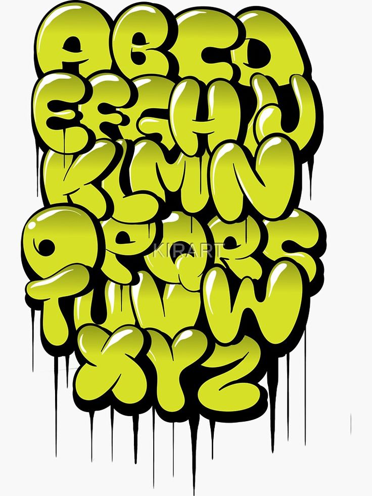 an image of graffiti alphabets in yellow and black on a white background with spray paint