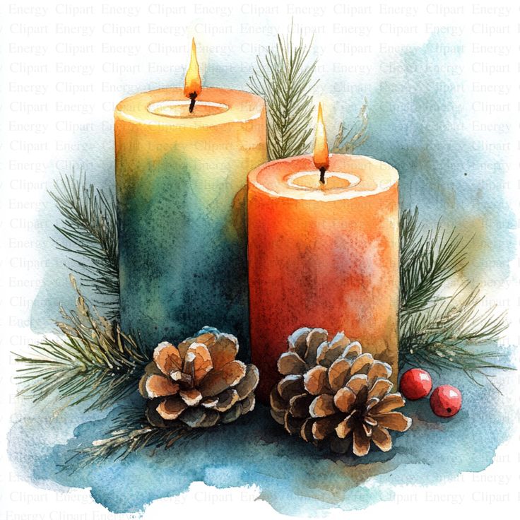 two candles with pine cones and berries on the table next to it is watercolor painting