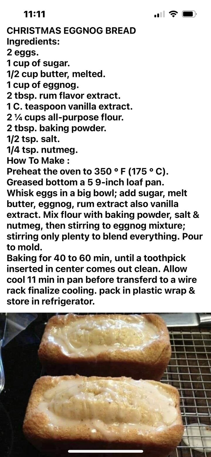 the recipe for christmas eggnog bread is shown in two separate rows, with instructions on each side