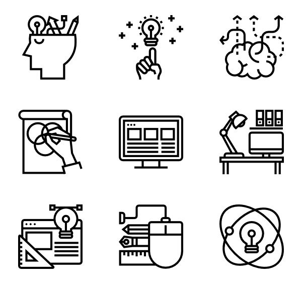 black and white icons depicting different types of items that are being used in the design process