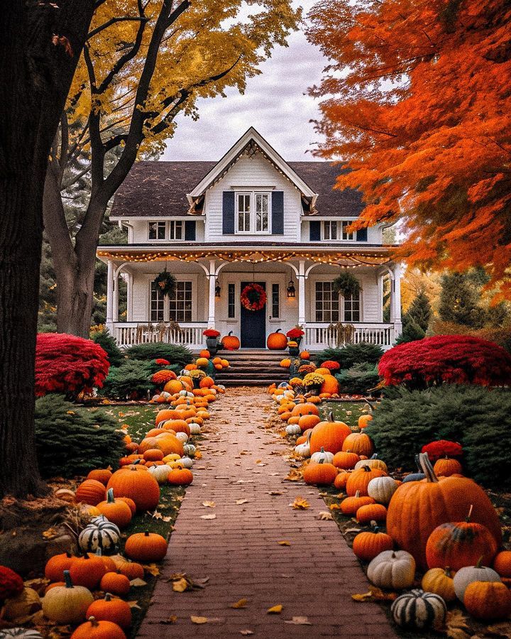 a house with lots of pumpkins in front of it and trees around the entrance