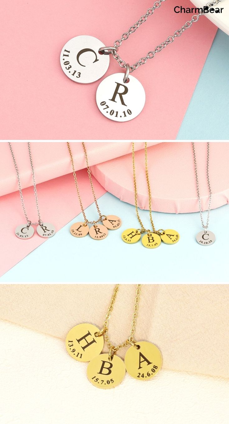 three different types of necklaces with names and numbers on them, one is for children