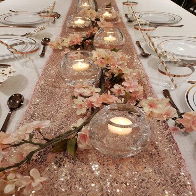 Sequined sparkling shimmer Table Runner . Size 12" x 108" Coverd with 3mm of Sequins . Available now in rose gold pink (check our other listings ) Stain resistant and easy to clean. FashionSecretsLLC | FashionSecretsLLC Sequins sparkling glitzy shimmery table cloth for parties 108.0 H x 12.0 W x 0.1 D in pink / yellow | 108" H X 12" W X 0.1" D | Wayfair Rose Gold Table Setting, Rose Gold Party Theme, Plastic Dishes, Gold Theme Party, Gold Table Setting, Rose Gold Table, Rose Gold Party Decor, Table Rose, Rose Gold Theme