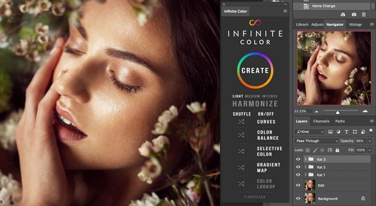 an image of a woman with flowers in her hair and the text, infinite color create harmonize