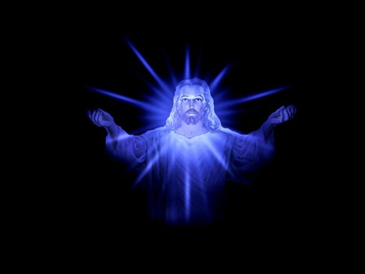 jesus in the dark with his arms spread out and glowing blue light coming from him