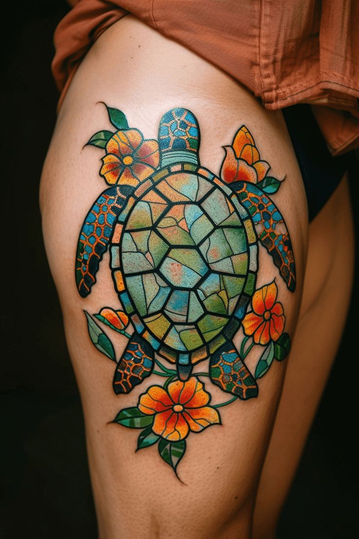 a woman's thigh with a turtle and flowers on it