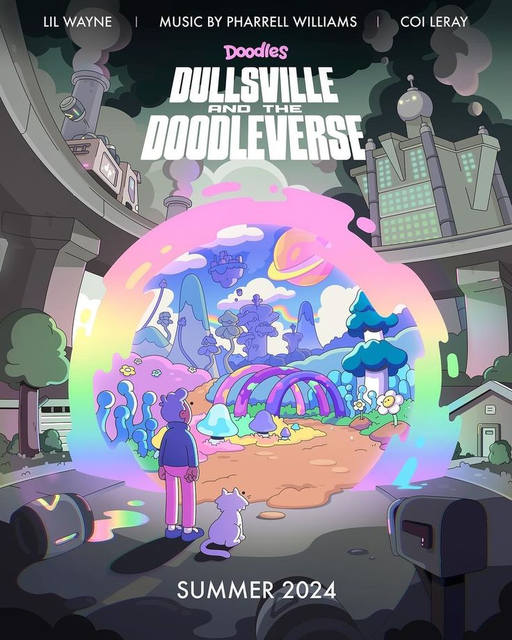 a poster for the upcoming album, dollsville and doodleverse summer 2014 with an image of a person standing in front of a giant bubble