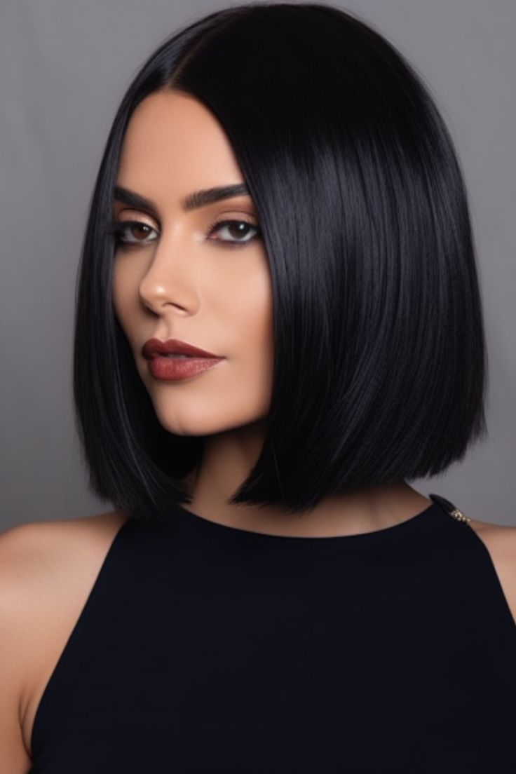 The elegant midnight black sleek bob epitomizes sophistication and gracefulness. The dark shade complements any skin tone while the sleek finish can be achieved using an iron. Click here to check out more cute and fun shoulder-length haircuts and hairstyles. Hairstyles For Short Hair Black Hair, Short Bob Haircuts Black Hair, Black Haircut Women, Women With Short Black Hair, Short Black Bob Hairstyles, Black Hair Bob Haircut, Black Hair Bobs, Short Bob Dark Hair, Dark Bob Hairstyles