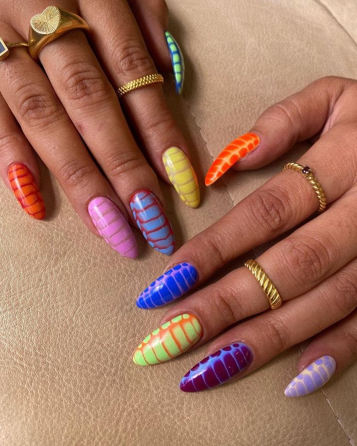 Keepin' it colourful - snake print is always a crowd favourite. But this time we elongated the design for a more lengthening effect on the… | Instagram Colorful Crocodile Nails, Summer Crocodile Nails, Snake Print Nails Design, Coloured Nails, Reptile Nails Design, Colourful Nail Art, Snake Skin Nails Designs, Reptile Nails, Colourful Nails