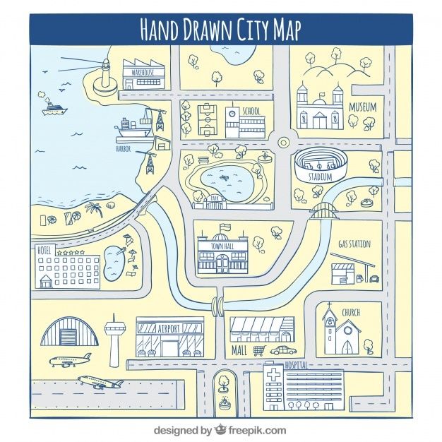 the hand drawn city map is shown in blue and yellow