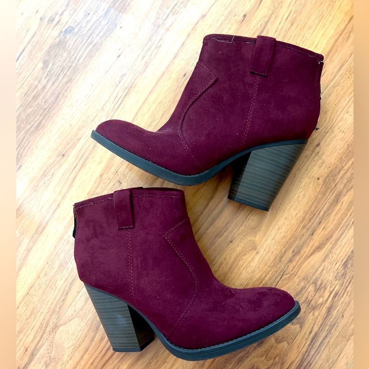 Burgundy Ankle Boots Size 9 Or 8.5 W Thicker Sock. Great Condition, Never Worn. 3 Inch Heels With Back Zipper. Perfect For Autumn. Originally $50. Burgundy Ankle-high Heeled Boots For Winter, Winter Burgundy Ankle-high Heeled Boots, Trendy Burgundy Boots For Winter, Trendy Burgundy Heeled Boots For Fall, Trendy Burgundy Winter Boots, Casual Burgundy High Heel Boots, Casual Purple Boots For Fall, Trendy Ankle-high Booties With Stacked Heel, Purple Ankle Heeled Boots For Fall