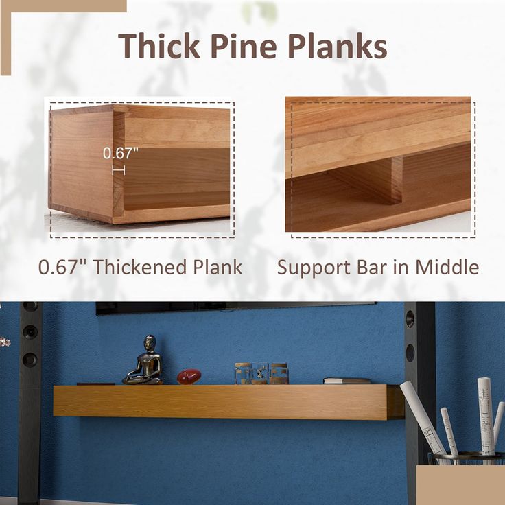 the shelf is made out of wood and has two shelves on each side that are labeled thick pine planks