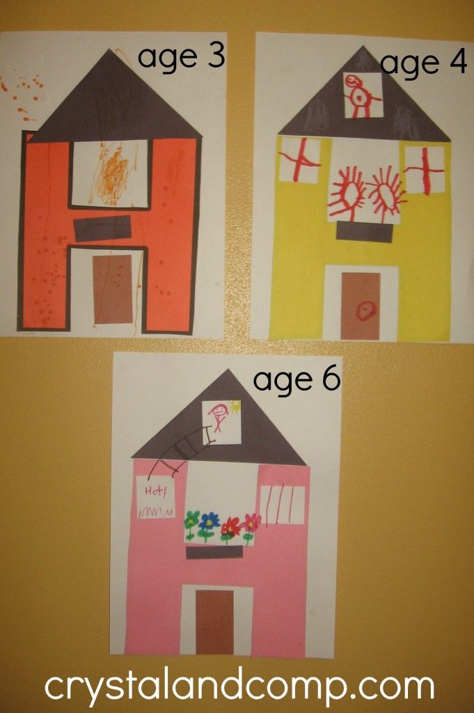 three different houses made out of paper on a yellow wall with the words age 6 and age