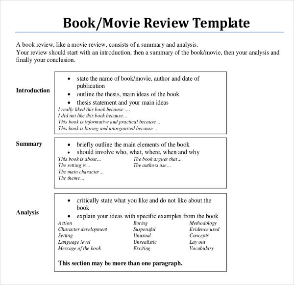 the book / movie review template is shown in this format for students to learn how to write