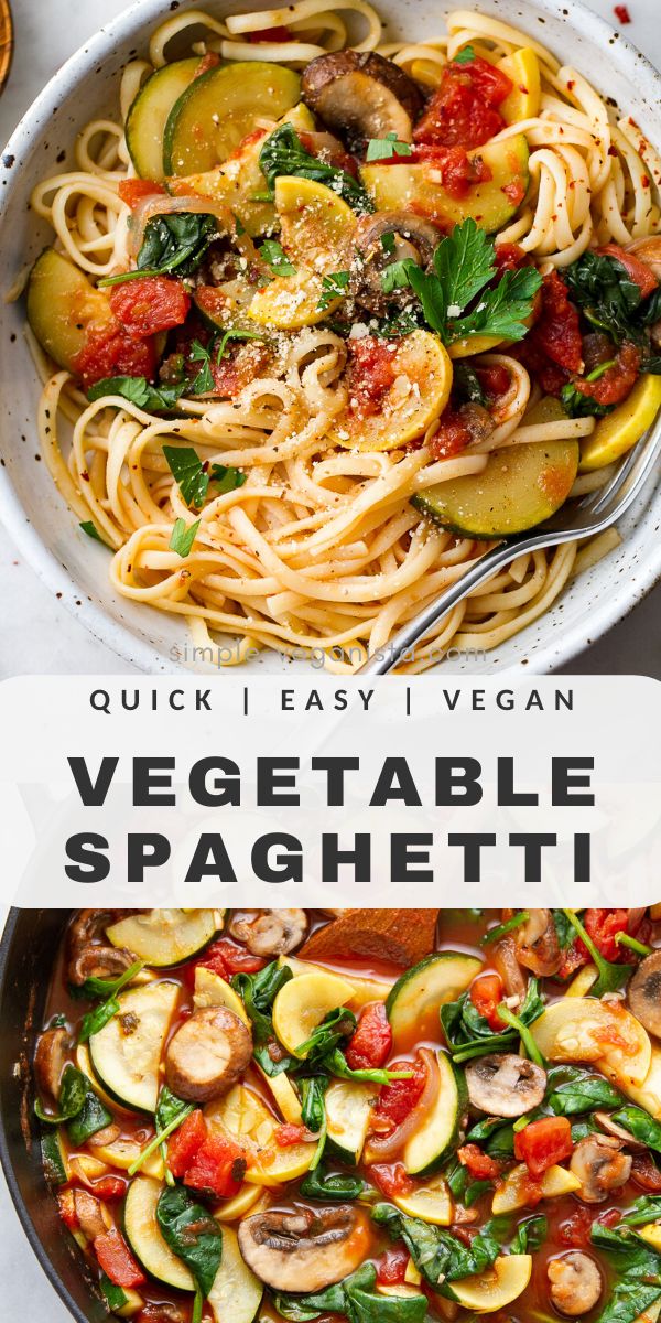 two pictures with different types of vegetables in them and the words, quick easy vegan vegetable spaghetti