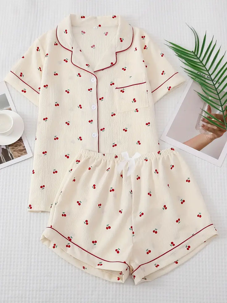 Cherry Print Pajama Set, Sweet & Cute Lapel Buttons Top And Bow Shorts, Women's Sleepwear & Loungewear, y2k pjs, affiliate Big Sleepover, Pjs Outfits, Y2k Pajamas, Pijama Soft, Pjs Summer, Cute Pijamas, Sleep Ware, Cute Lounge Sets, Cute Pajama Set