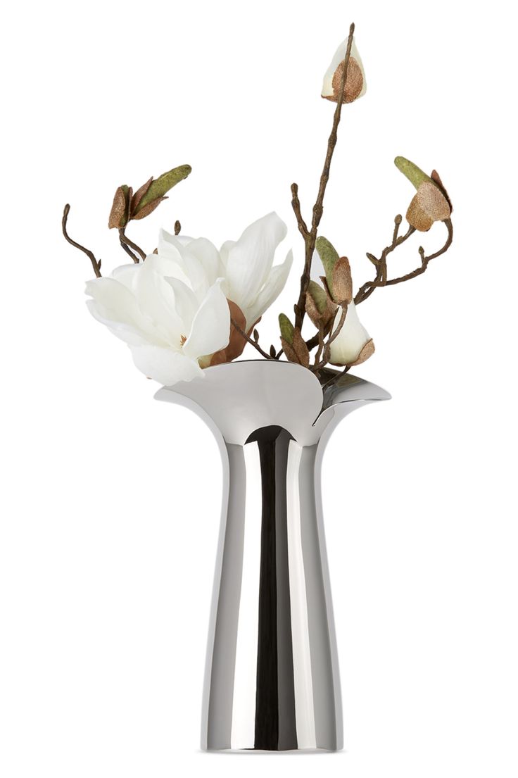 a silver vase with white flowers in it on a white background, there is no image here to provide a caption for