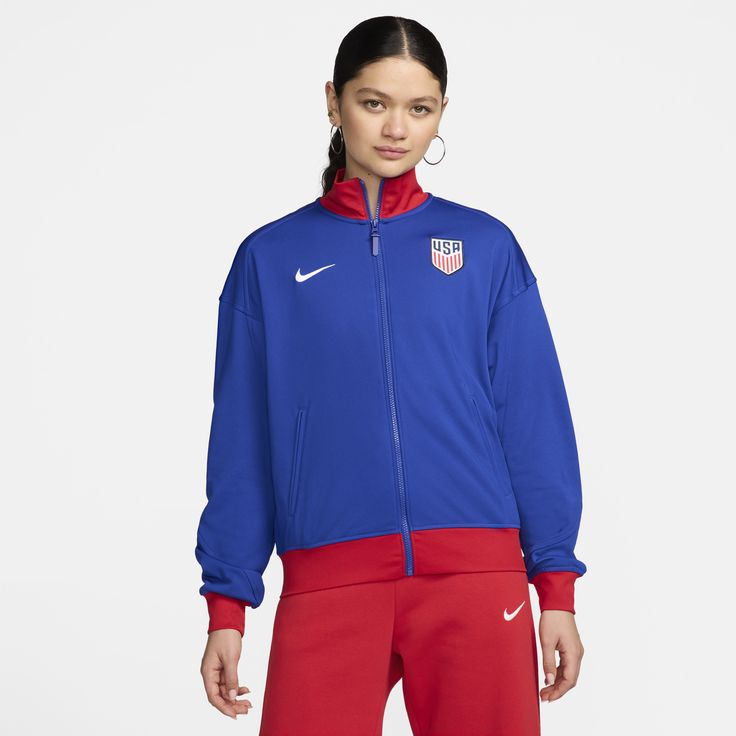 Take your skills to the next level with this USMNT Academy Pro jacket. Sweat-wicking technology in a roomy fit pairs with a woven crest to give you comfortable coverage that lets you show your team pride. Nike Outerwear For Sports Events In Fall, Nike Fall Outerwear For Sports Events, Nike Long Sleeve Outerwear For Sports Events, Nike Functional Outerwear For Sports Events, Nike Sporty Outerwear For Sports Events, Athleisure Outerwear With Ribbed Cuffs For Sports Events, Womens Soccer, Active Wear For Women, Nike Dri Fit