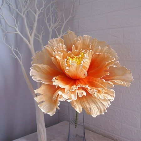 an orange flower in a clear vase next to a white tree with no leaves on it