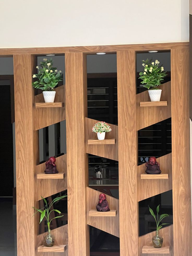 three wooden shelves with plants in them