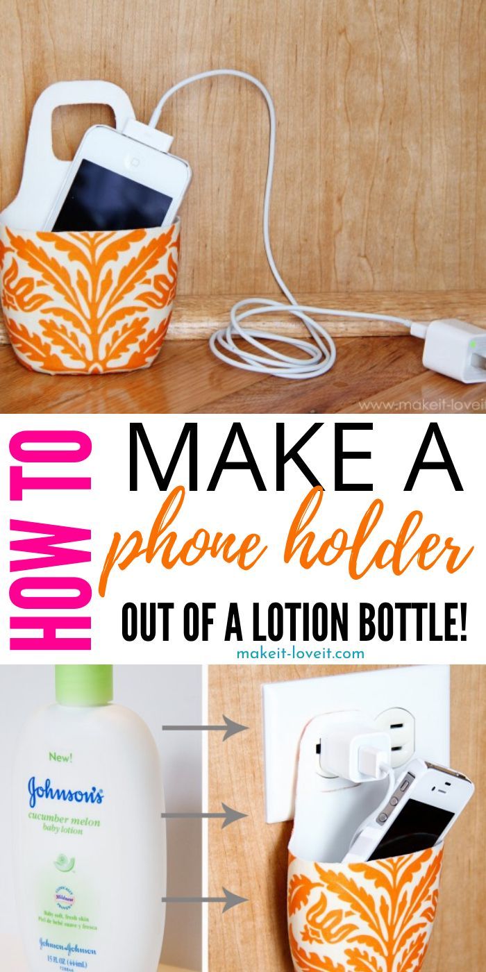 an orange and white phone holder is shown with the words make a phone holder out of a loton bottle