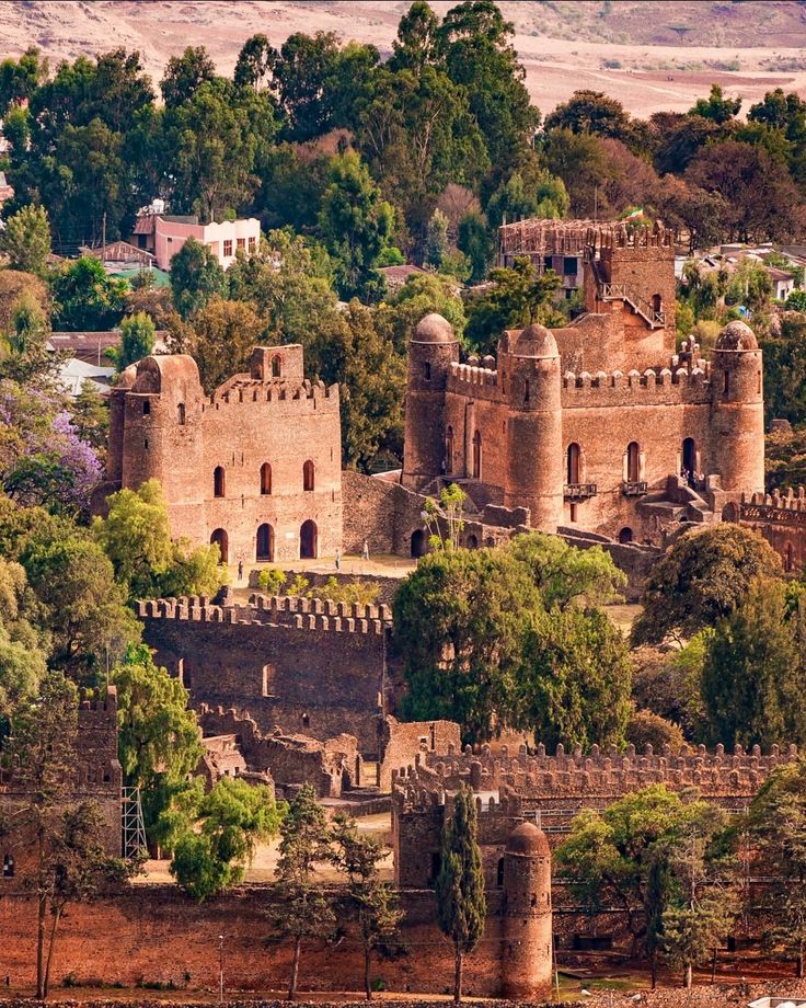 an old castle sits on top of a hill surrounded by trees and buildings in the background