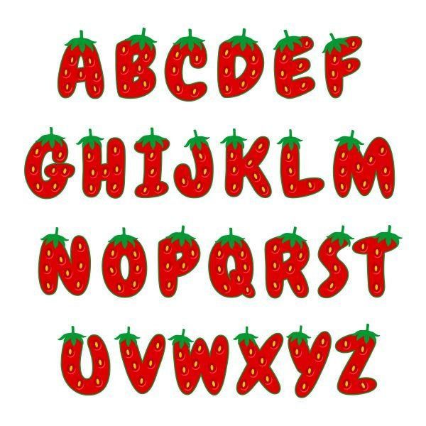 Strawberry Letters Font Alphabet Letters Monogram Cuttable Design SVG PNG DXF & eps Designs Cameo File Silhouette Food Fonts Alphabet, Strawberry Alphabet Letters, Valentines Day Fonts Alphabet, Letter A Font Design, Strawberry Calligraphy, Summer Fonts Alphabet, Girly Fonts Alphabet, Fruit Lettering, Bubble Letters Designs